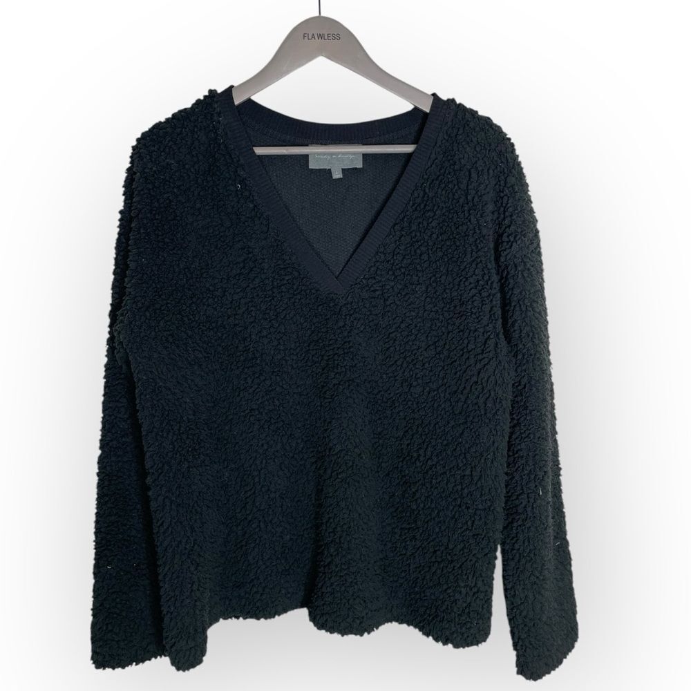 Anthropologie Sunday in Brooklyn Black V Neck Teddy Pullover Sweater  Size Large